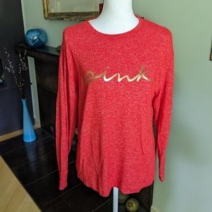 PINK Victorias Secret XS Oversize Long Sleeve Heather Red Gold Lettering Top 23